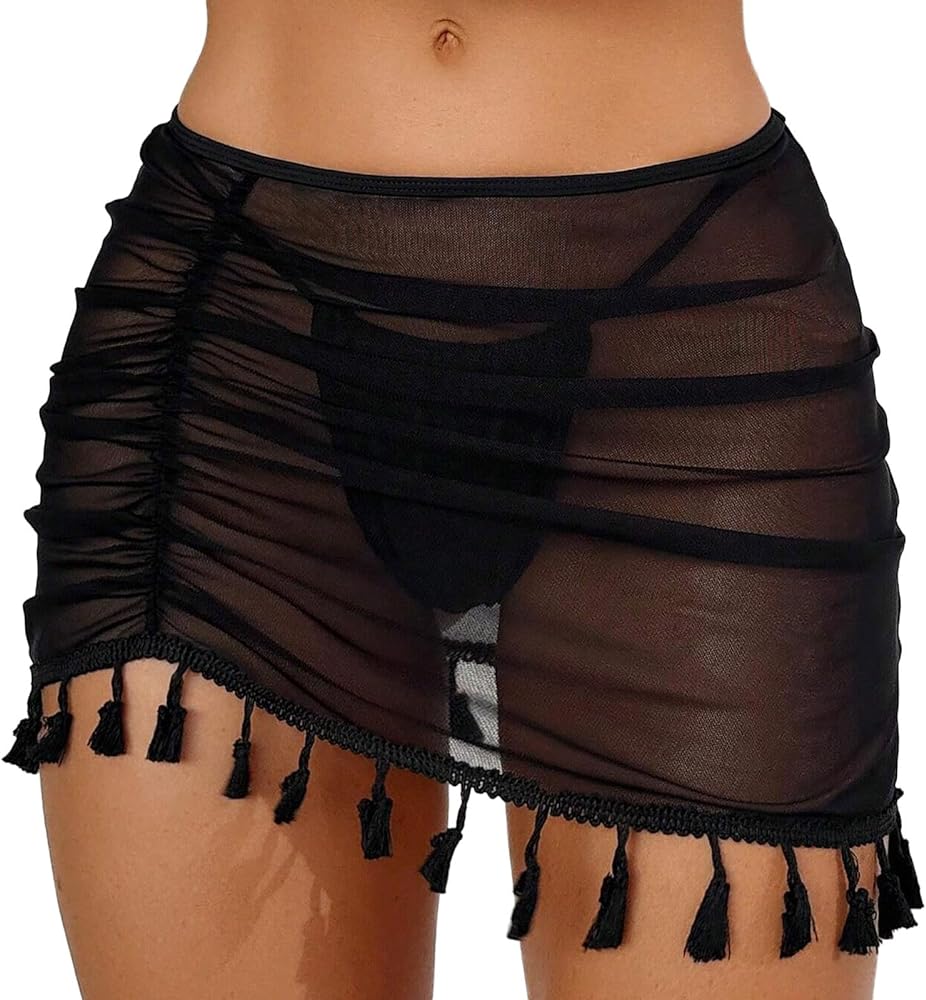 Beach Sarong Pareo Womens Semi-Sheer Swimwear Ruched Cover Ups Short Skirt with Tassels Mini Skirt Bikini Cover Up Skirt