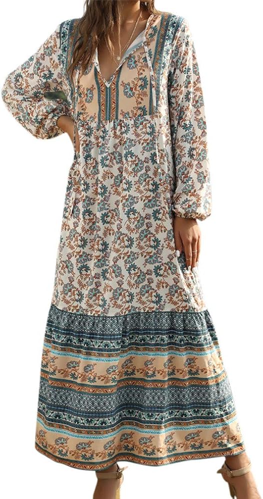 Women Bohemian Wrap V Neck Long Sleeve Ethnic Style High Split Beach Maxi Dress