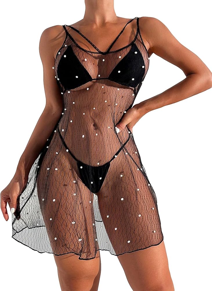 GORGLITTER Women's Fishnet Cover Up Dress Pearl Cut Out Swimsuit Coverup