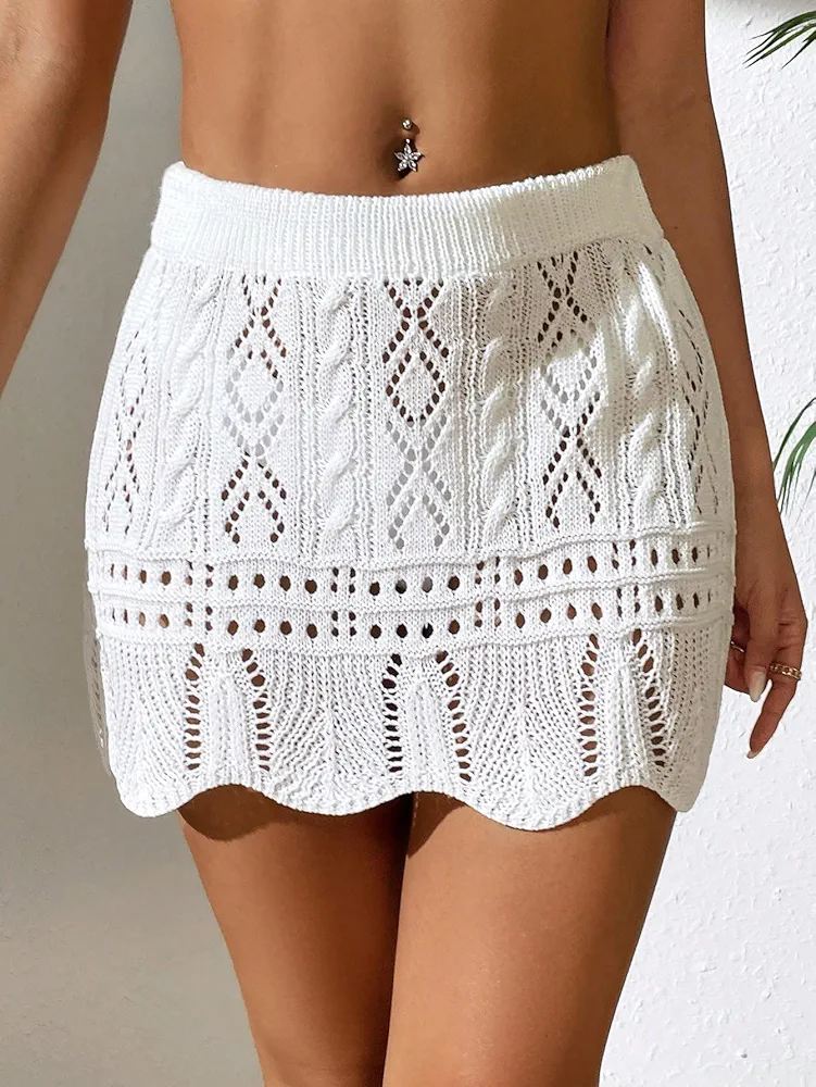 Hollow Out Scallop Trim Cover Up Skirt - Women's Crochet Plain Mini Skirt (Color : White, Size : Large)