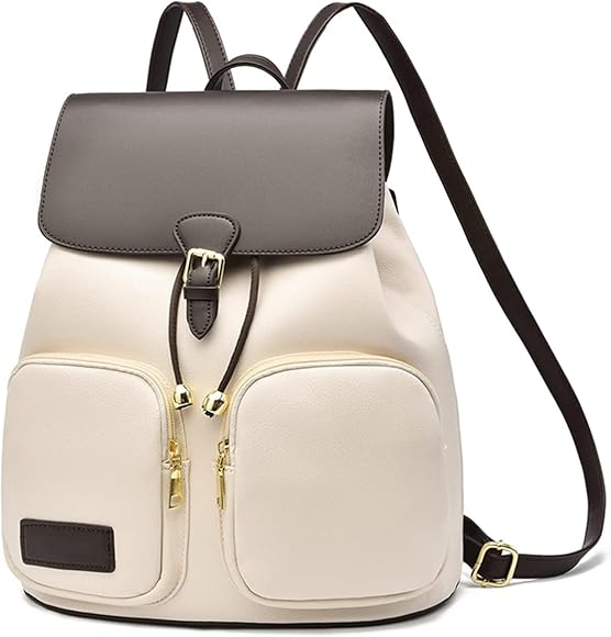 NICOLE & DORIS Mochila de Mujer Moda Bolsos Mochila Elegante Mochila de Cuero PU Antirrobo Impermeable Casual Daypack Mochila con Solapa para Viaje Compras Trabaja Beige con Café