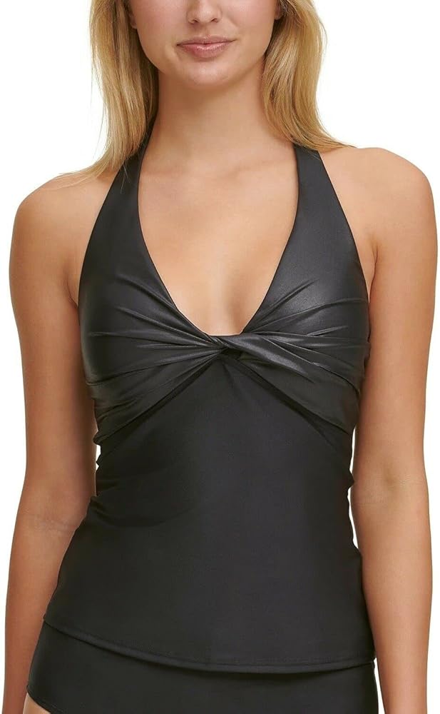 DKNY Women's Black Stretch Removable Cups Twist Front Halter Tankini Swimsuit Top S