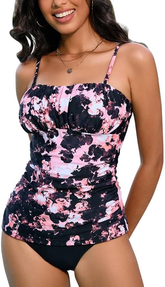 Women's Ruched Square Neck Tankini Set Two Pieces Ruched Tummy Control Suimsuit with Mid Waist Briefs