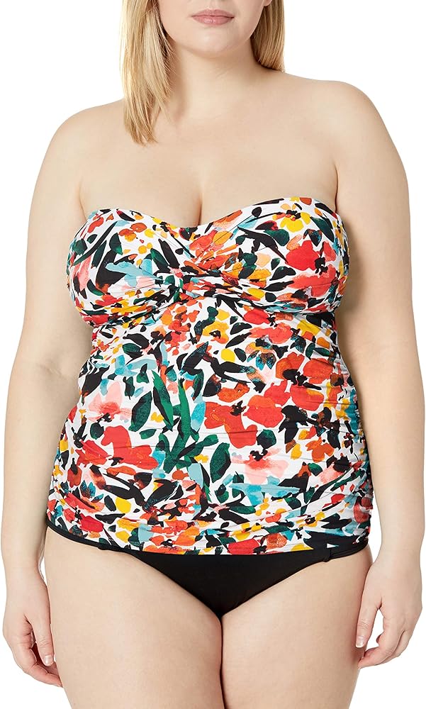 Anne Cole Women's Twist Front Bandeau Tankini Swim Top, Sunset Floral, 24W