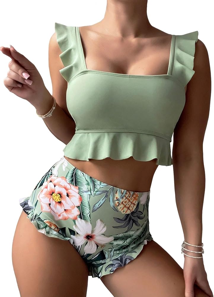 WDIRARA Women's 2 Piece Ruffle Hem Tropical Print Tankini Swimwear Set Spaghetti Strap Solid Top & High Waist Swimwear Shorts