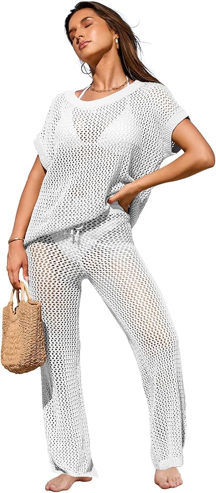 Famulily Womens 2 Piece Hollow Out Cover Up Set Crochet Knitted Outfits with Short Sleeve Tops and Long Pants