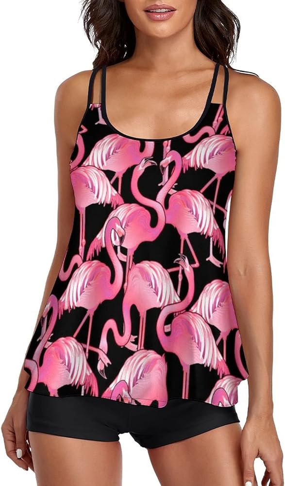 Cute Flamingo Women Two Piece Tankini Swimwear Swimsuits Bathing Suits Set with Strappy Top and Shorts