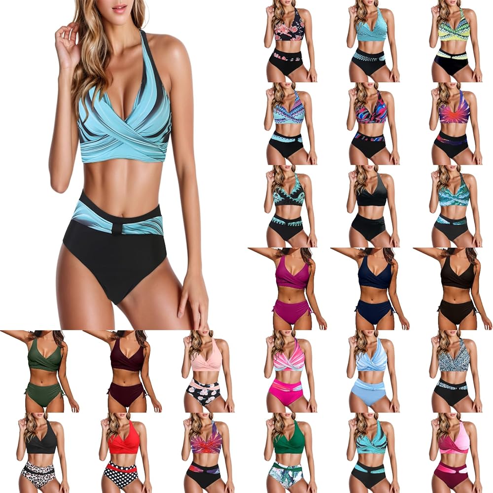 Bikini Set for Women V Neck Two Piece Swimsuit High Waisted Bating Suits Criss Cross Ruched Halter Modest Padded Swimwear