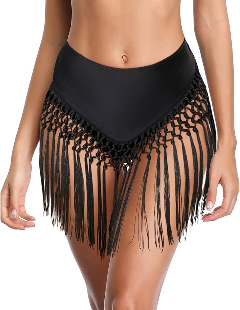 Women's Cheeky Bikini Swim Bottom Shorts Tassel Tummy Control High Cut High Waisted Swimsuit