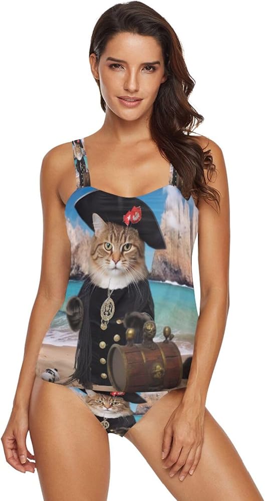 Nautical Cat Tankini Swimsuits for Women Sexy Slimming Tummy Control Bathing Suits with Bikini Bottom,S