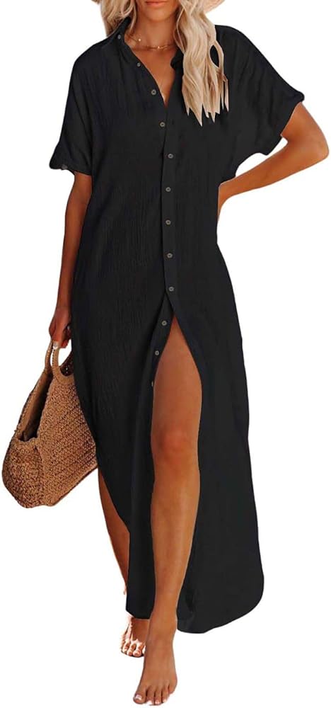 Eddoyee Swimsuit Cover Ups, Casual Button Down Long Kimonos for Women Short Sleeve Slide Split Beach Shirt Dress