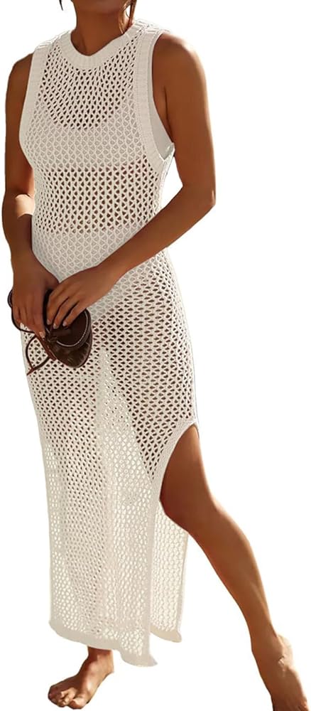 Eddoyee Crochet Cover Up for Women Hollow Out Sleeveless Bathing Suit Cover Ups Side Split Long Swimwear Beach Dress