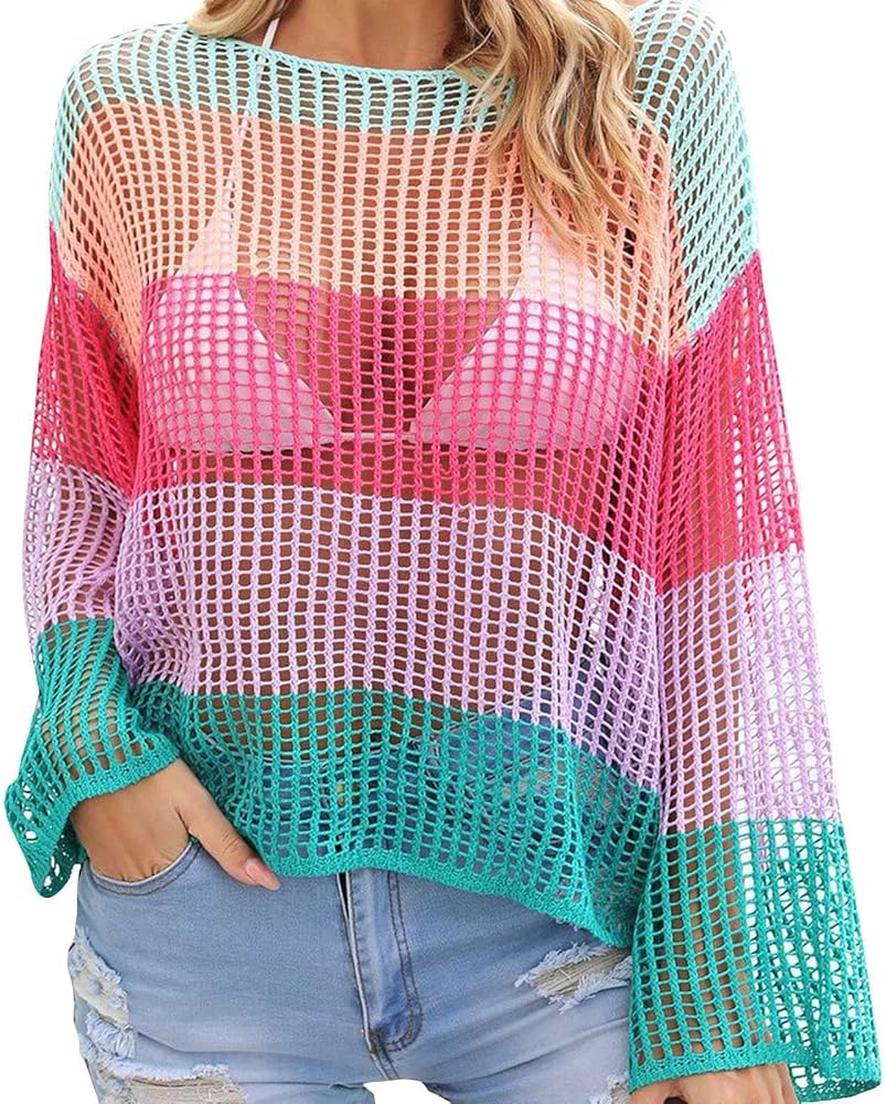 Crochet Coverups for Women Color Block Hollow Out Beach Long Sleeve Cover Ups for Swimwear