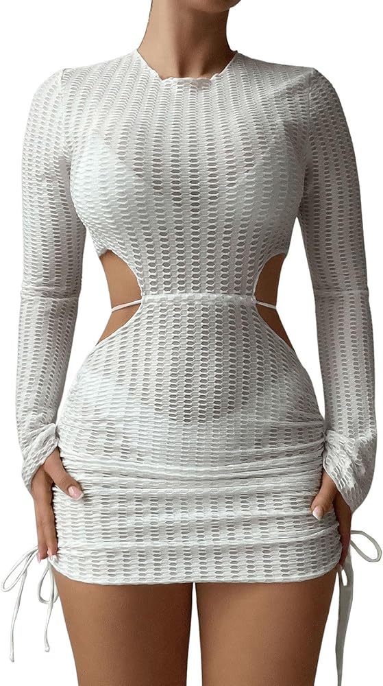 Floerns Women's Crochet Hollow Out Beachwear Cut Out Waist Tie Side Coverup Dress