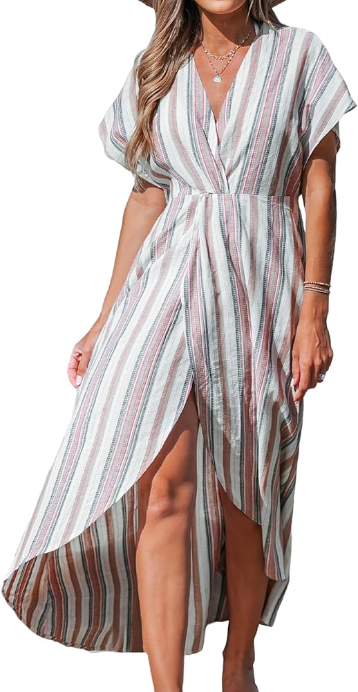 CUPSHE Women's Striped Surplice Neck Cover-Up Dress Maxi Hem Beachwear