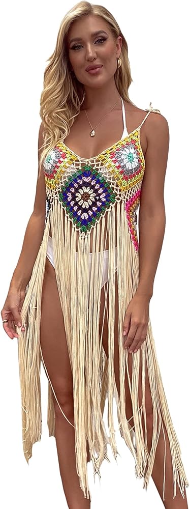 Floerns Women's Fringe Hem Spaghetti Strap Beach Bathing Suit Cover Up Dress