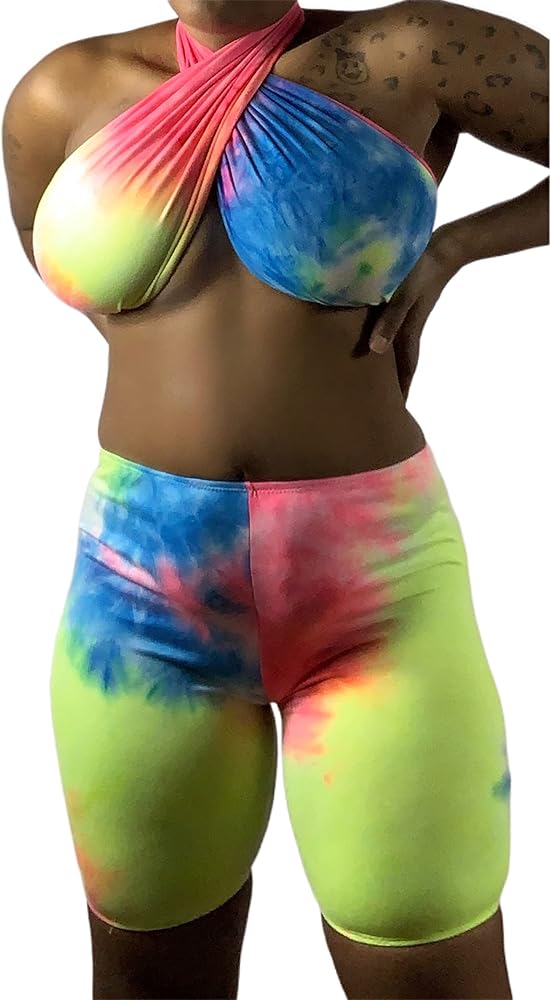 Two Piece Tie Dye Halter Top and Shorts Womens M/L Colorful