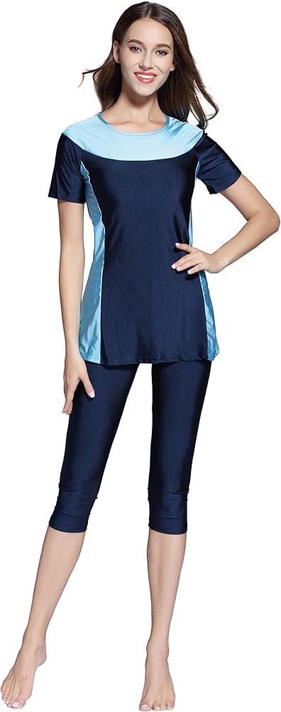 Ababalaya Womens' Color Block Moderate Cover 2 Piece Swimsuit Burkini