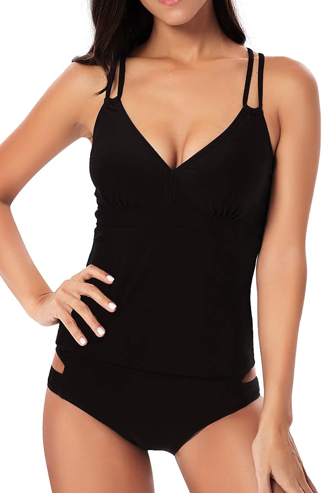 Womens Criss Cross Strap Back Tankini Set V-Neck Top with Cutout Bikini Bottom 2 Piece Bathing Suit