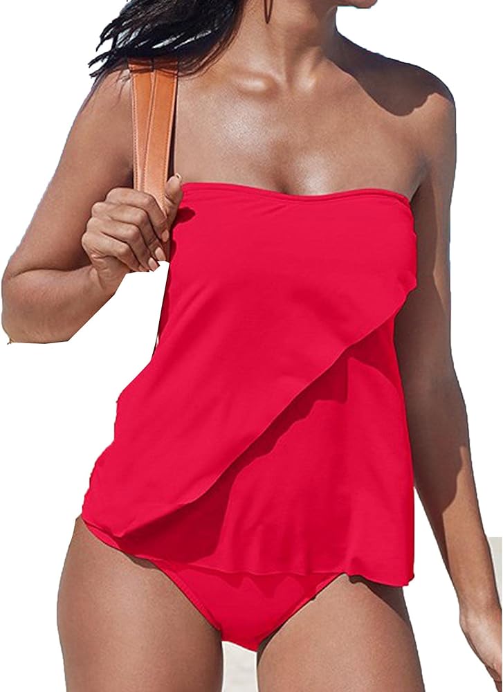 xxxiticat Women's Strapless Tankini Sets Adjustable Straps Push Up Sweetheart Padded Beach Swimsuit Ruffled Bathing Suits