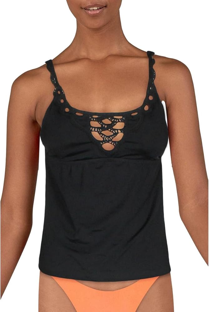 BECCA Womens Crochet V-Neck Tankini Swim Top Black L