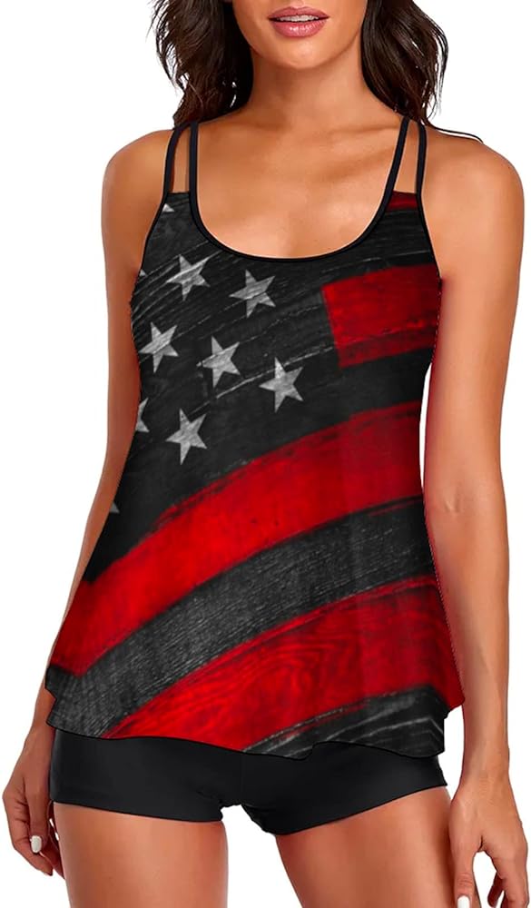 Women Independence Day Plus Size Two Piece Tankini Bathing Suit with Boyshorts American Flag Print Tank Top Swimsuits Red Blue White Stars Stripes Print Plus Size Swimsuit for Women Tankini