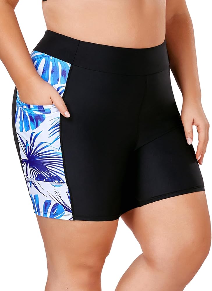 Women's Plus Size Swim Shorts High Waisted Bathing Suits Bottoms Long Swimsuit Tankini Shorts with Pockets