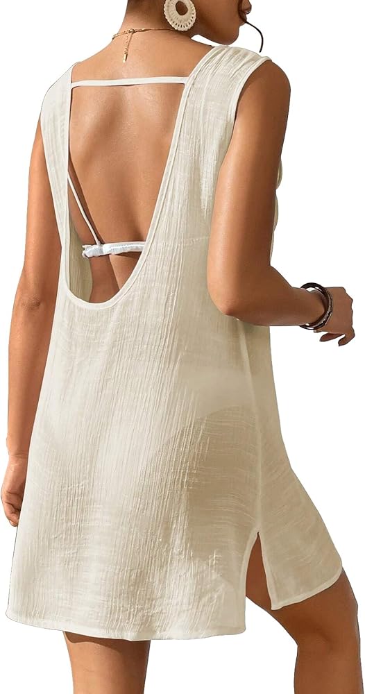 Lilosy Basic Open Back Loose Beach Swimwear Bikini Cover Ups Dress