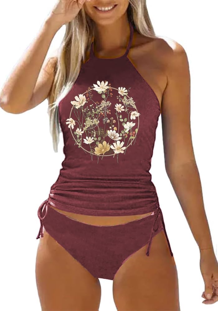 Womens Two-Piece Tankini Set Cow Skull with Leopard Print Sets Swimwear Tankini Top Sets Swimwear