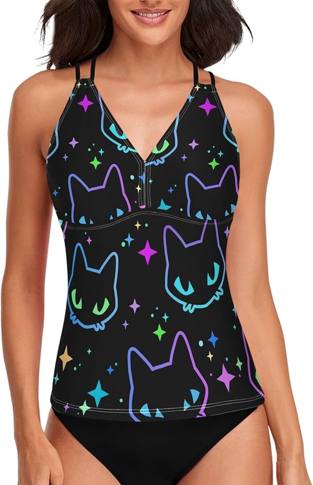 Colorful Neon Cat Womens Tankini Tops Only V Neck Tankini Swimsuits Tops Cross Back Tummy Control Swimsuits No Bottom