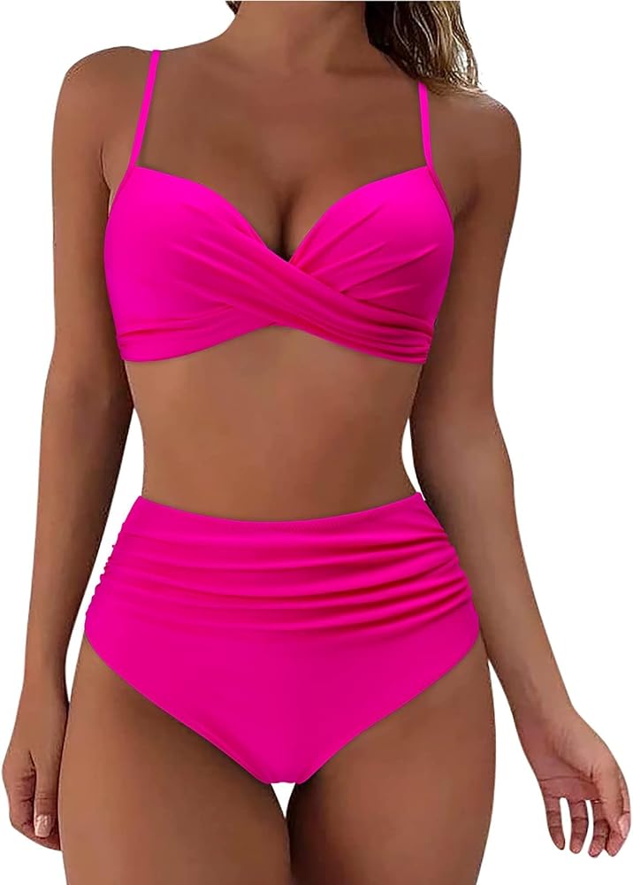 Womens Swimsuits 2 Piece High Waisted Push Up Tummy Control Modest Bikini Sets Plus Size Front Ruched Swimwear Bathing Suits