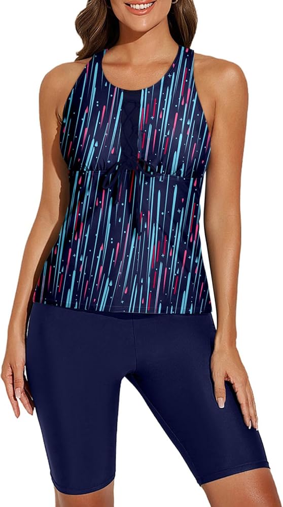 Aleumdr Womens Racerback Color Block Print Tankini Swimsuits with Swim Capris S-XXXL(Available in Plus)