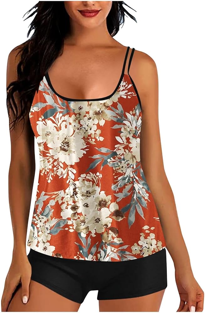 Womens Bathing Suit Tankini Sets Strappy Floral Print Summer Swim Tank Top with Shorts Flowy Two Piece Bathing Suits