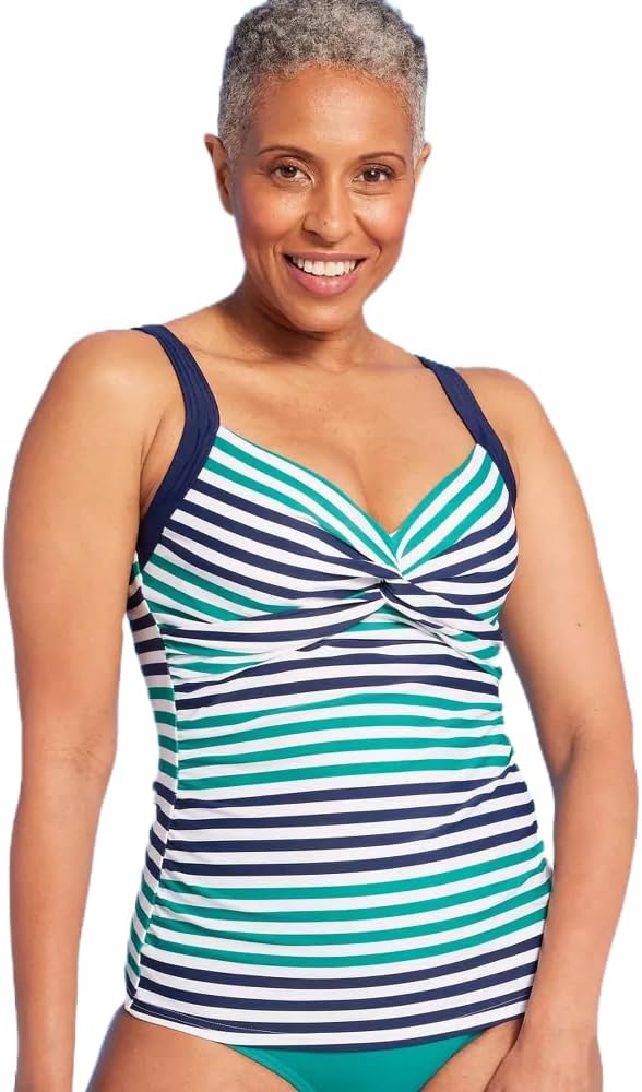 Lands' End Women's UPF 50 Striped Twist-Front Underwire Tankini Top - (Blue/Green, 18)