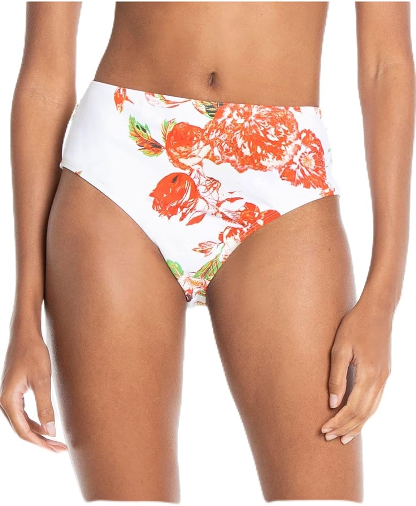 Rachel Roy Women's Floral Stretch Lined Bikini Moderate Coverage High Waisted Swimsuit Bottom White Size Medium