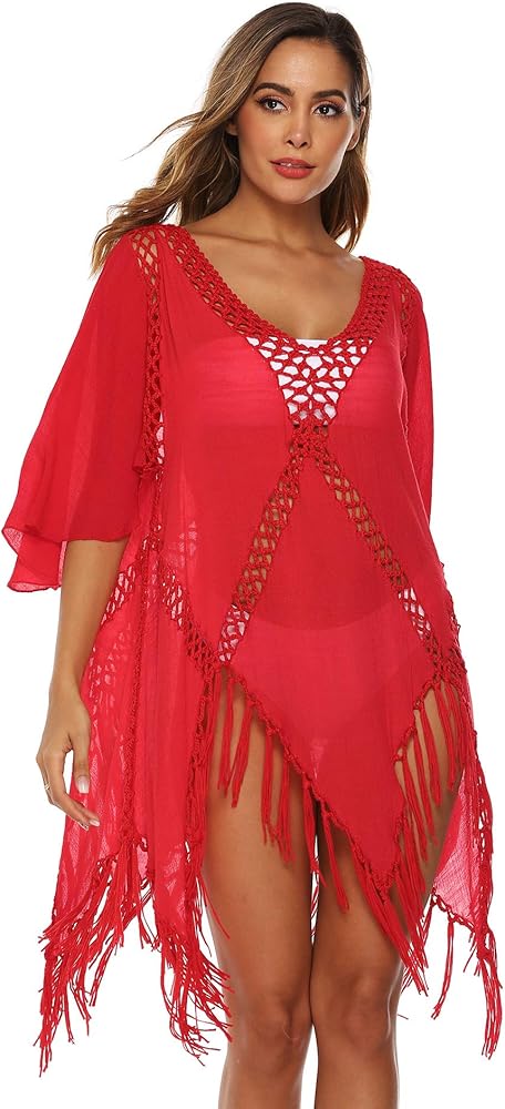 Womens Tassel Swimsuit Cover Up Flare Sleeve Crochet Beach Cover Ups Dress for Women 2020