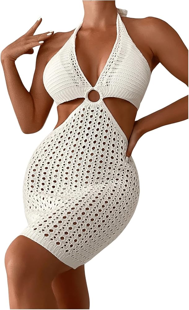 Verdusa Women's Cut Out Halter Neck Swimsuit Cover Up Crochet Knit Backless Beach Dress