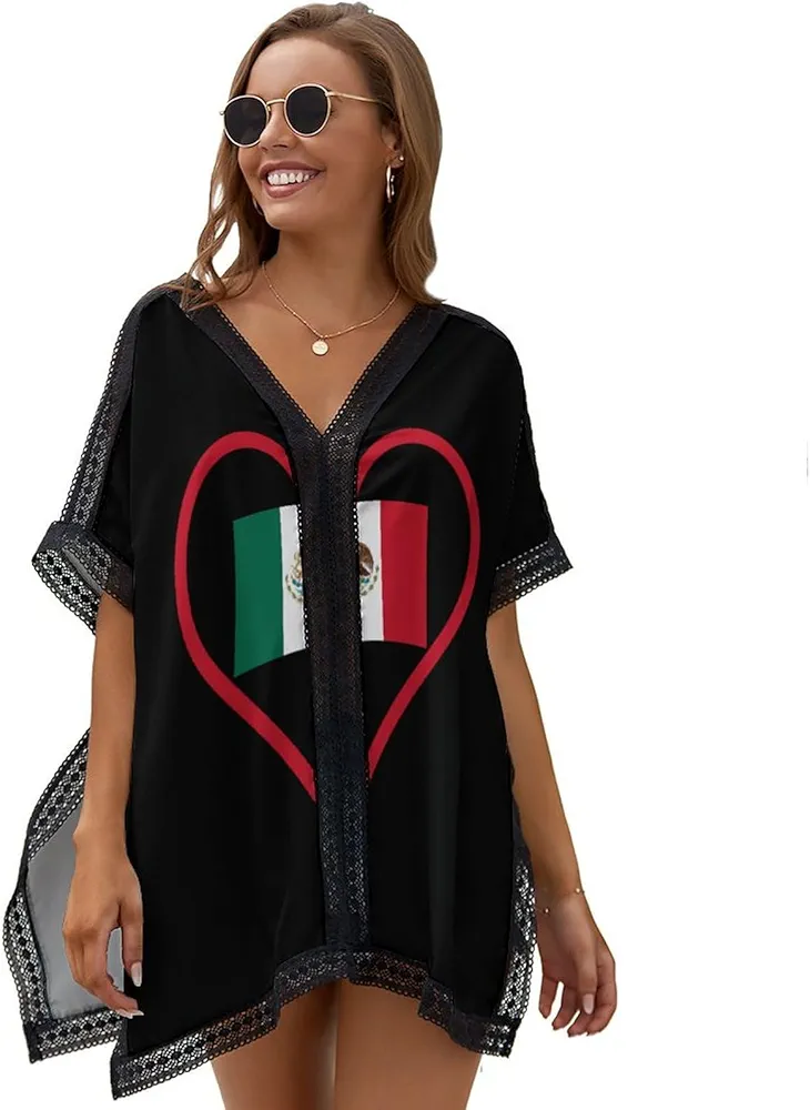 I Love Mexico Red-Heart Womens Beach Swim Cover Up V Neck Swimsuit Coverup Lace Trim Poncho Beachwear Tops