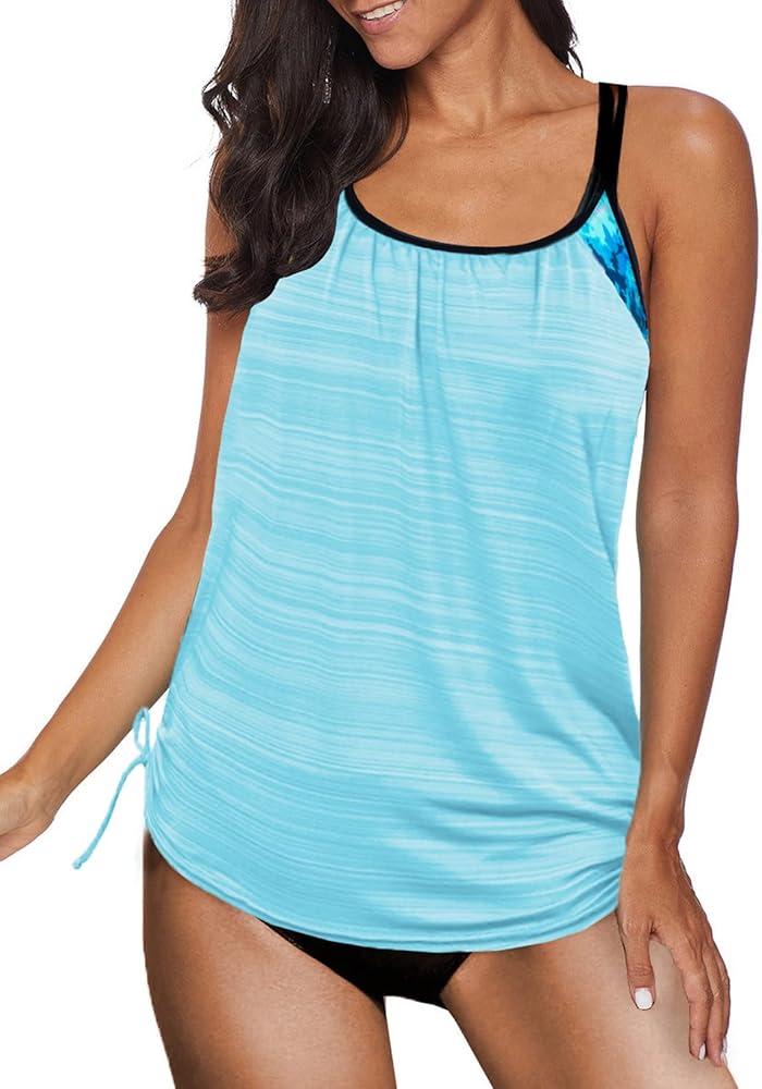 Sidefeel Women Blouson Striped Print Strappy T-Back Swimsuit Push up Tankini Set