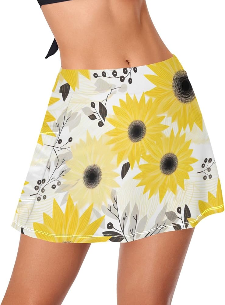 Yellow Sunflowers Flower Leaves Swim Skirt for Women High Waisted Womens Swim Bottoms