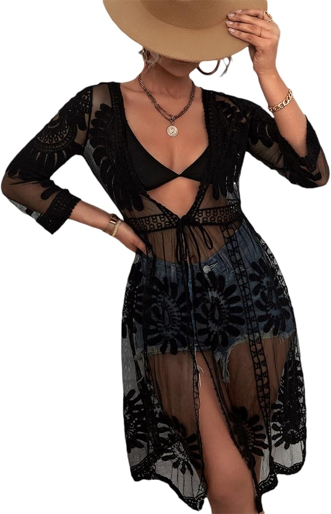 MakeMeChic Women's Lace Long Kimono Cardigan Sheer Swimsuit Cover Up