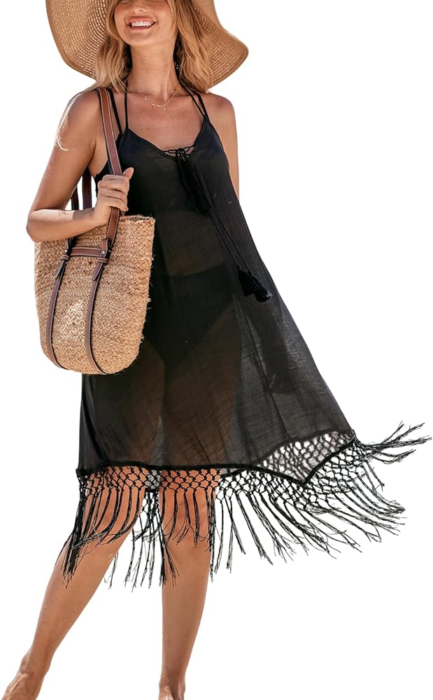 CUPSHE Women's Bathing Suit Coverups Halter Sleeveless Swimwear Cover Up MIdi Dress Fringe hem 2024