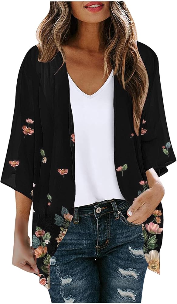 Cardigan for Women Floral Print Puff Sleeve Kimono Summer Thin Loose Cover Up Casual Blouse Tops