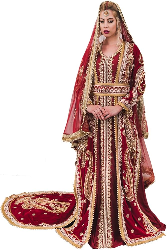 Women's Moroccan Style Long Sleeve Wedding Kaftan with Trail