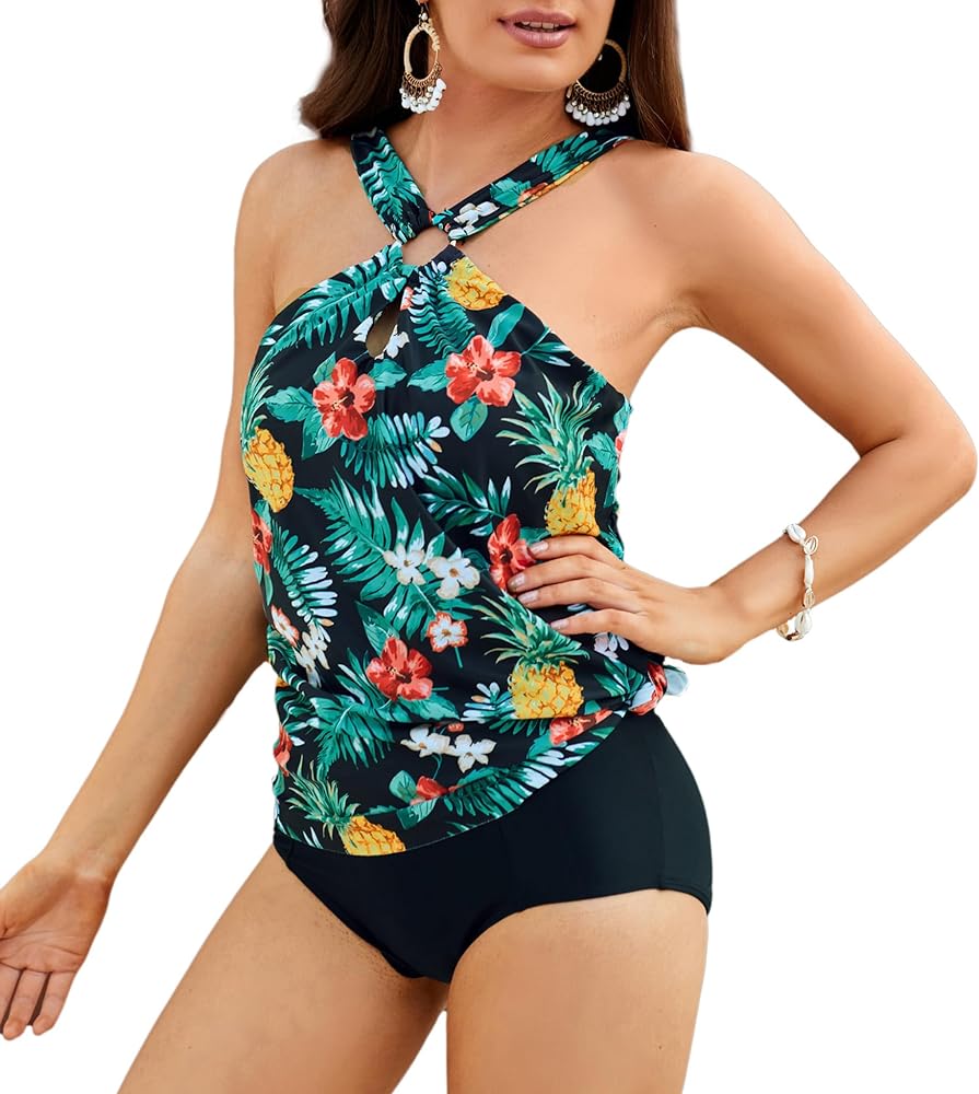 GRACE KARIN Women's Tankini Swimsuits Two Piece Bathing Suits Printing Halter Keyhole Cutout Swimwear with Bikini Bottom