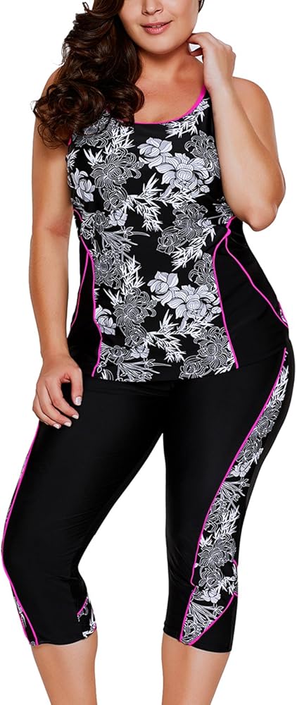 Womens 2pcs Floral Printed Racerback Tankini Swimsuits with Swim Capris Plus Size M-XXXXXL