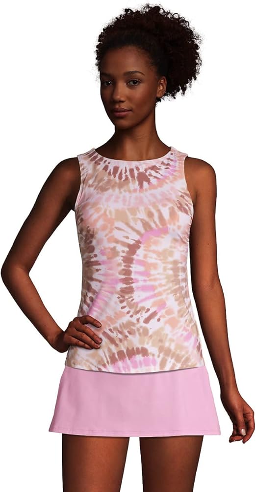 Lands' End Womens Chlorine Resistant High Neck Tankini Top White Burst Tie Dye Regular 14