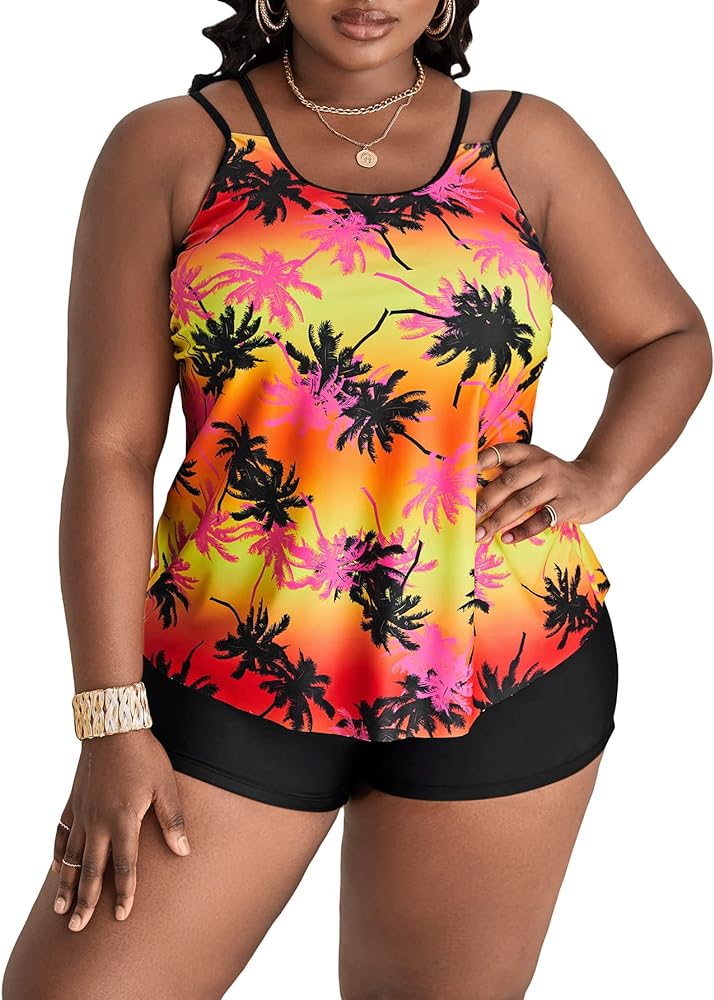 MakeMeChic Women's Plus Size Tankini Bathing Suits Tropical Swim Tank Top with Boyshorts 2 Piece Swimsuit