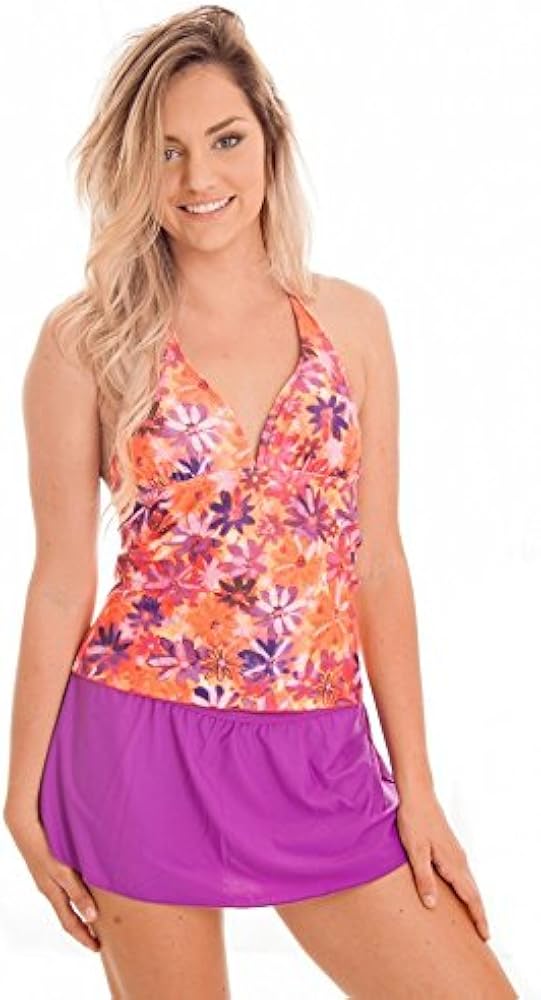 2 PC. Ladies' Pink Florals Halter Tankini Skirt Swimwear