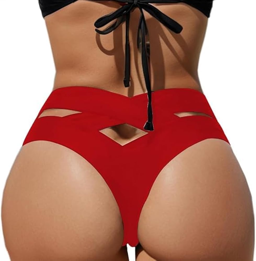 Women's High Waisted Thong Bikini Bottom Cross Back Cut Out Swimsuit Bathing Suit Bottoms